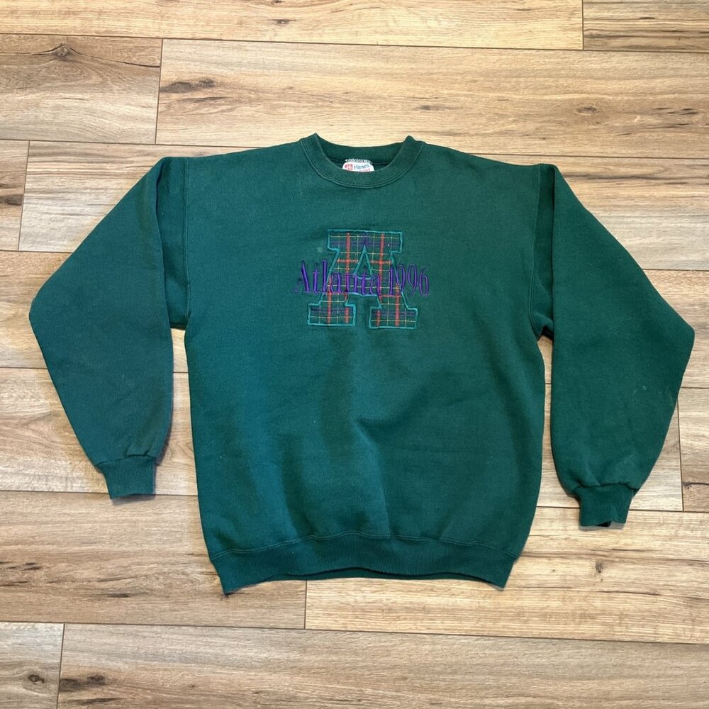 VTG Atlanta 1996 Logo Sweatshirt Adult SZ LARGE Hunter Green Hanes Heavyweight